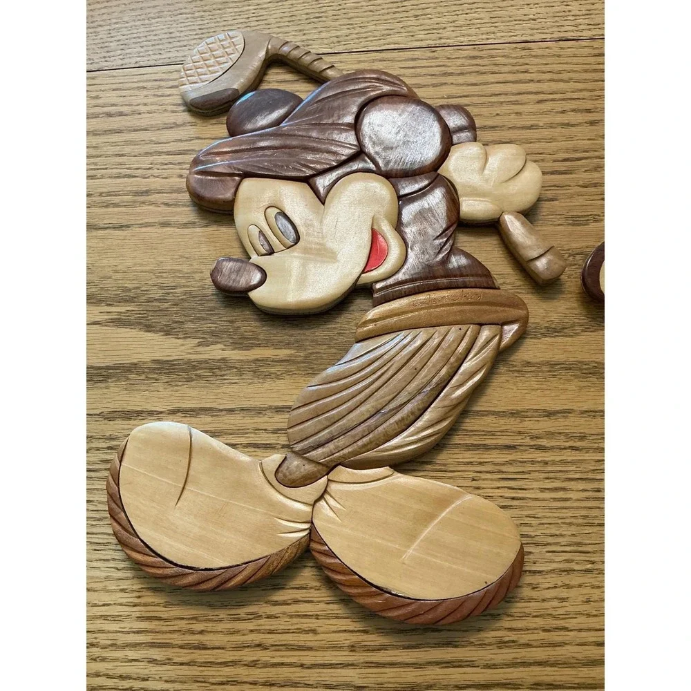 Vintage Disney Mickey Mouse Golf Intarsia Wood Wall Art Set of 2 Golfing Alaska